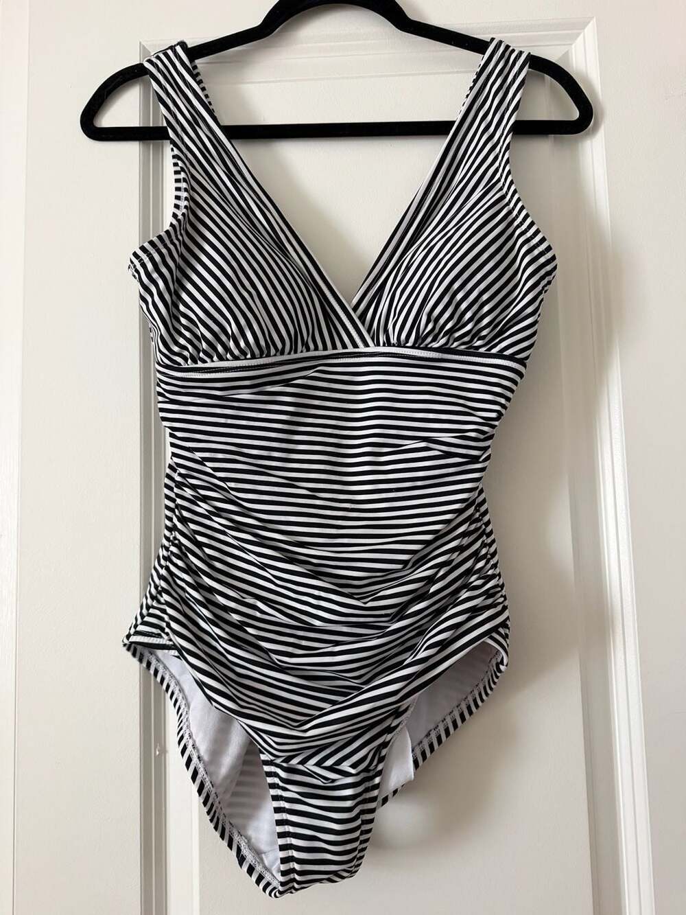 Miracle Brands Black and White Striped V-Neck Ruched One-Piece Swimsuit